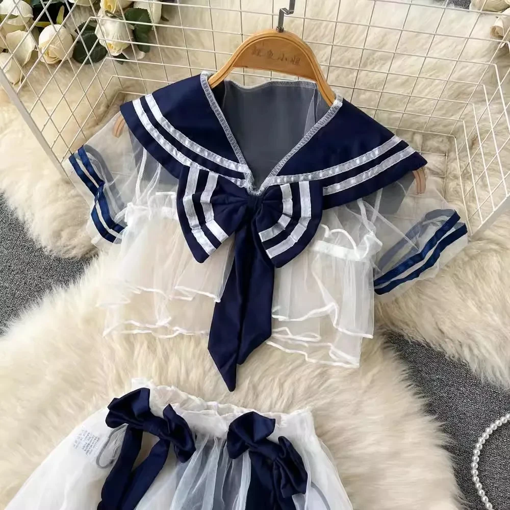 Women\'s Sexy Transparent Sailor Student Uniform Cosplay Costume with Sheer Bowknot Stripe Patchwork Top + Mini Skirt 2-Piece Set