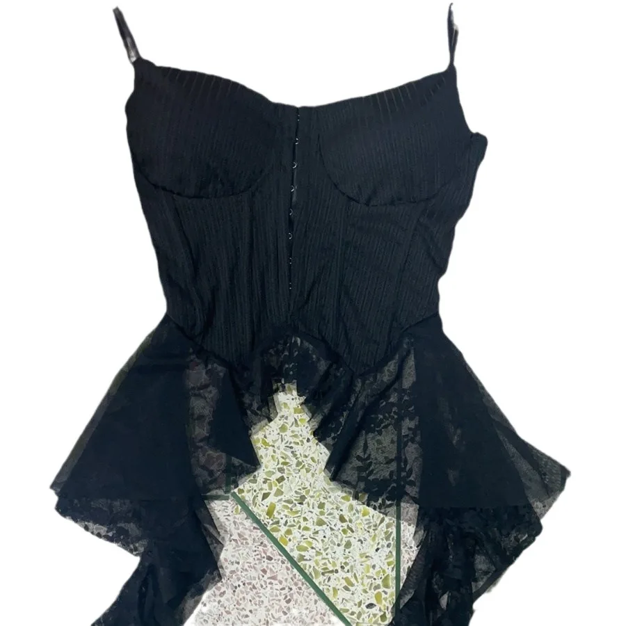 Women's Nylon Camisole Vest with Halter Straps Lace Detailing and Modern Irregular Hem for Layering or Standalone Wear