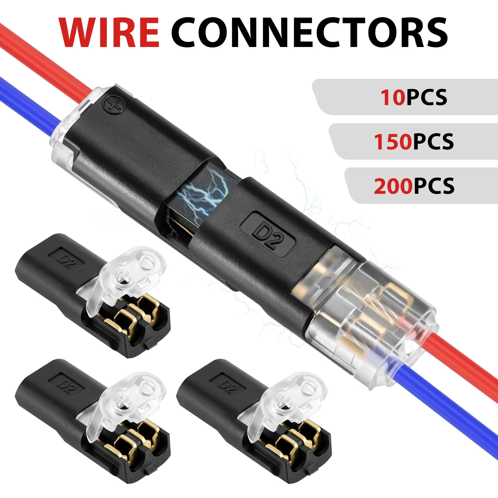 150Pcs 2 Pin Wire Connectors No Stripping 22-18 AWG Low Voltage Quick Splice Terminal Block for LED Strip Car Audio Connector