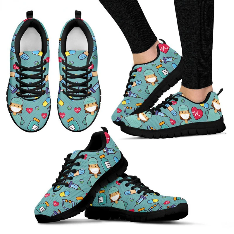 

Women Sneakers Hospital Nurse Heart Print Breathable Mesh Flats Shoes for Ladies Girls Casual Student Nursing Shoes