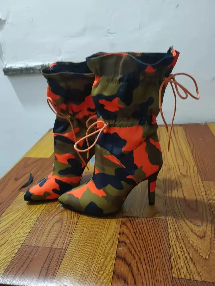 High Thin Heels Boots for Women 11cm Stilettos Fashion Camouflage Ankle Boots Woman Lace Up Sexy Chic Night Club Shoes