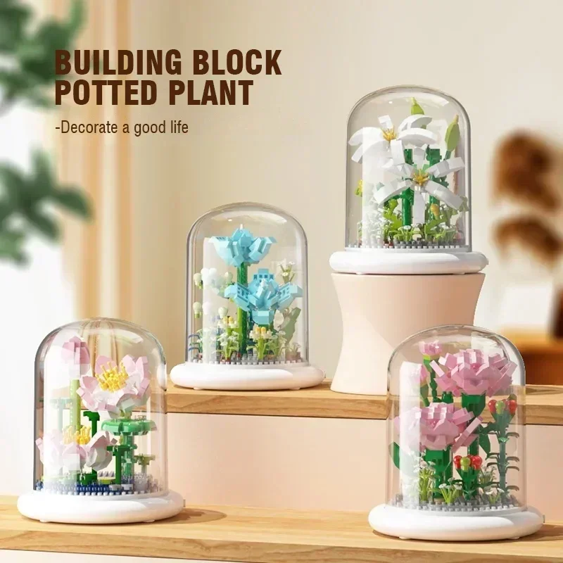 DIY Flower Building Blocks With Dust Cover Lights Eternal Life Flowers Series Home Decor Mini Assembling Puzzle Toys Kids Gifts