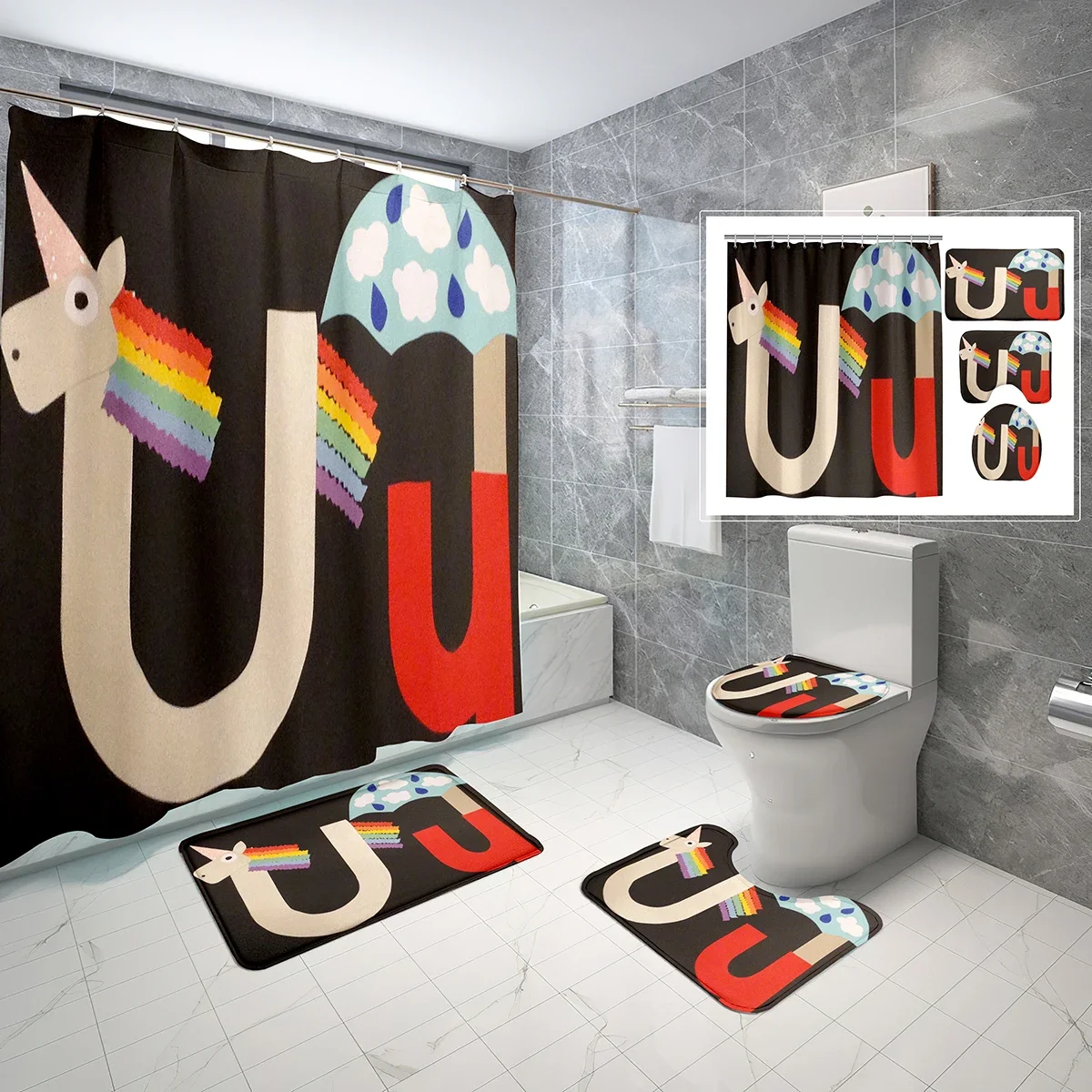 4 Pcs Letter S Shower Curtain Sets Abstract Retro Pattern Book Non-Slip Bath Mat Toilet Cover Waterproof Shower Curtain Sets