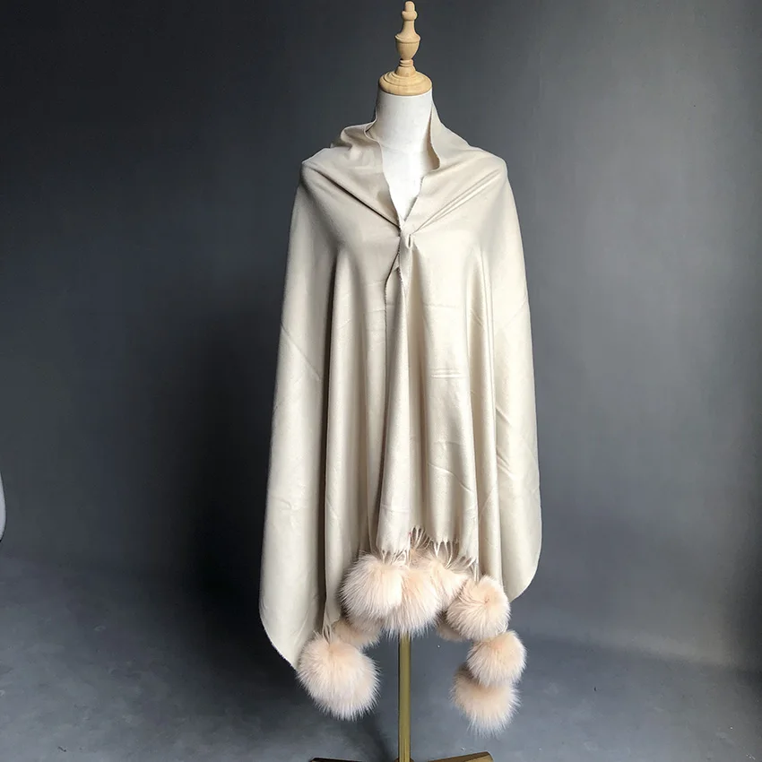 JANEFUR Cashmere Shawl Scarf Women Winter Fox Ball Fur Pom Pom Thick Pashminas Scarf JFD1-21012