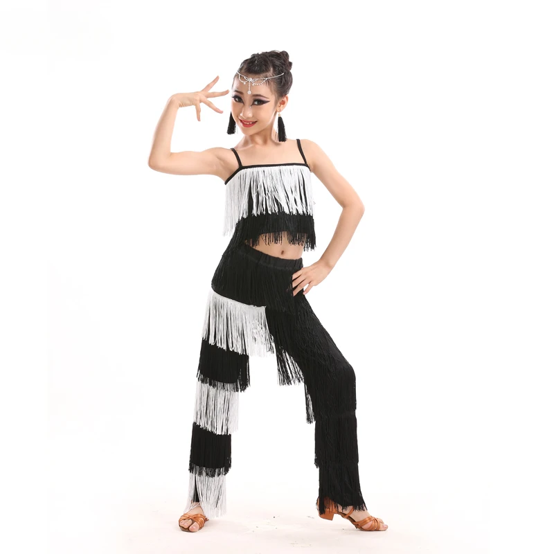 Latin Dance Dresses For Girls Ballroom Fringe Tassel Dress Top and Pants Sequin Fringe Salsa Samba Costume Kids Children Girls