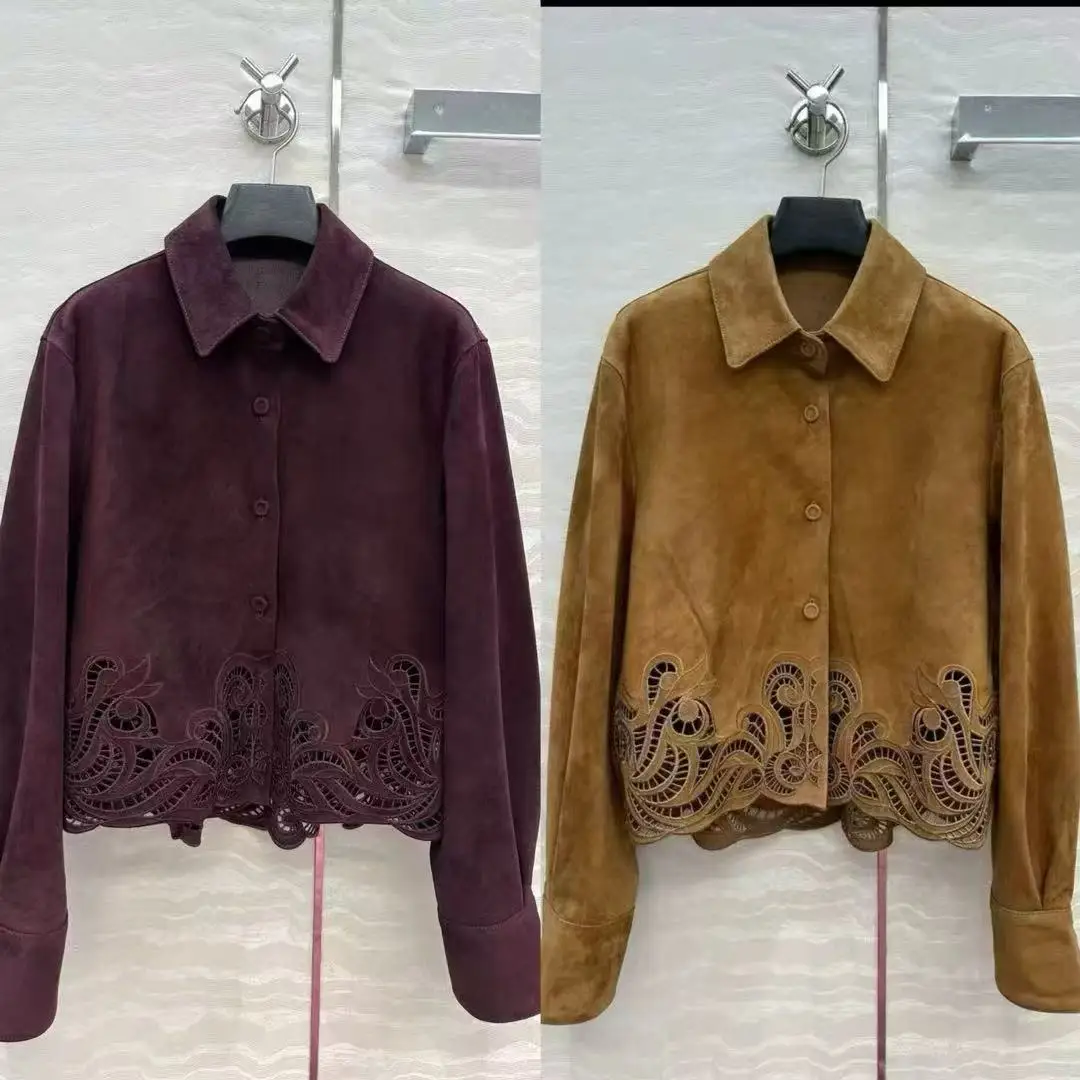 Dames kant borduurwerk suède schapenvacht jas turn-down kraag lange mouw enkele rij knopen vintage damesjas