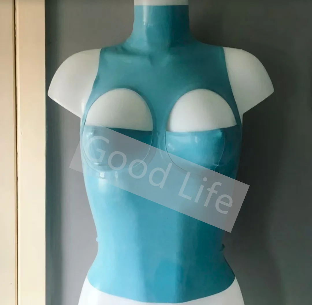 

Woman Sleeveless High Neck Latex Corp Top Rubber Gummi Female Half Cup Vest Back Zip Slim Fitted Halloween Club Wear Costume