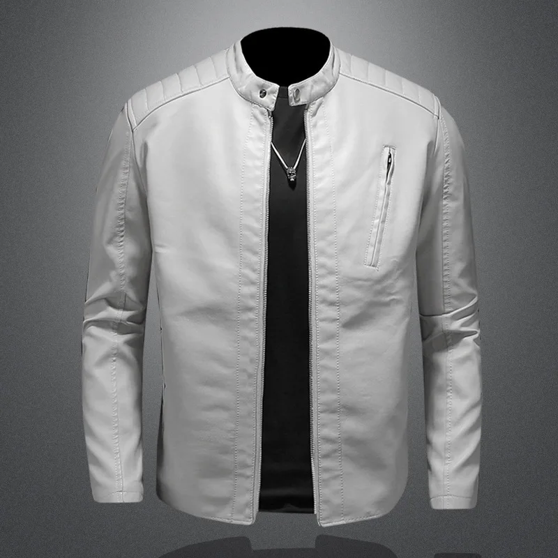 

Новинка 2024, мужские куртки из искусственной кожи с воротником-стойкой, тонкая мужская одежда, осенняя мода, мотоциклетные молнии, повседневное пальто, однотонные топы для поездок на работу