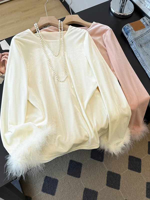 

Новая китайская модная однотонная бархатная футболка с длинным рукавом, круглым вырезом, свободного кроя, универсальный повседневный топ с меховыми манжетами