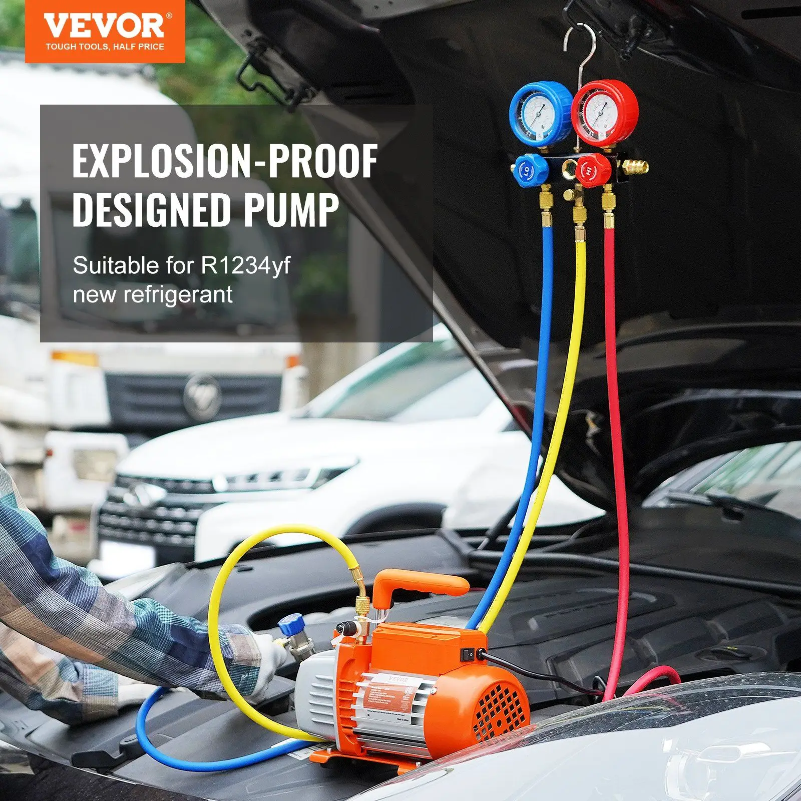 مضخة تفريغ تبريد 3.5 CFM 40 ميكرون مرحلة واحدة مع مقياس مشعب 3 ألوان R134a R1234yf 1/4 SAE 1/2 ACME