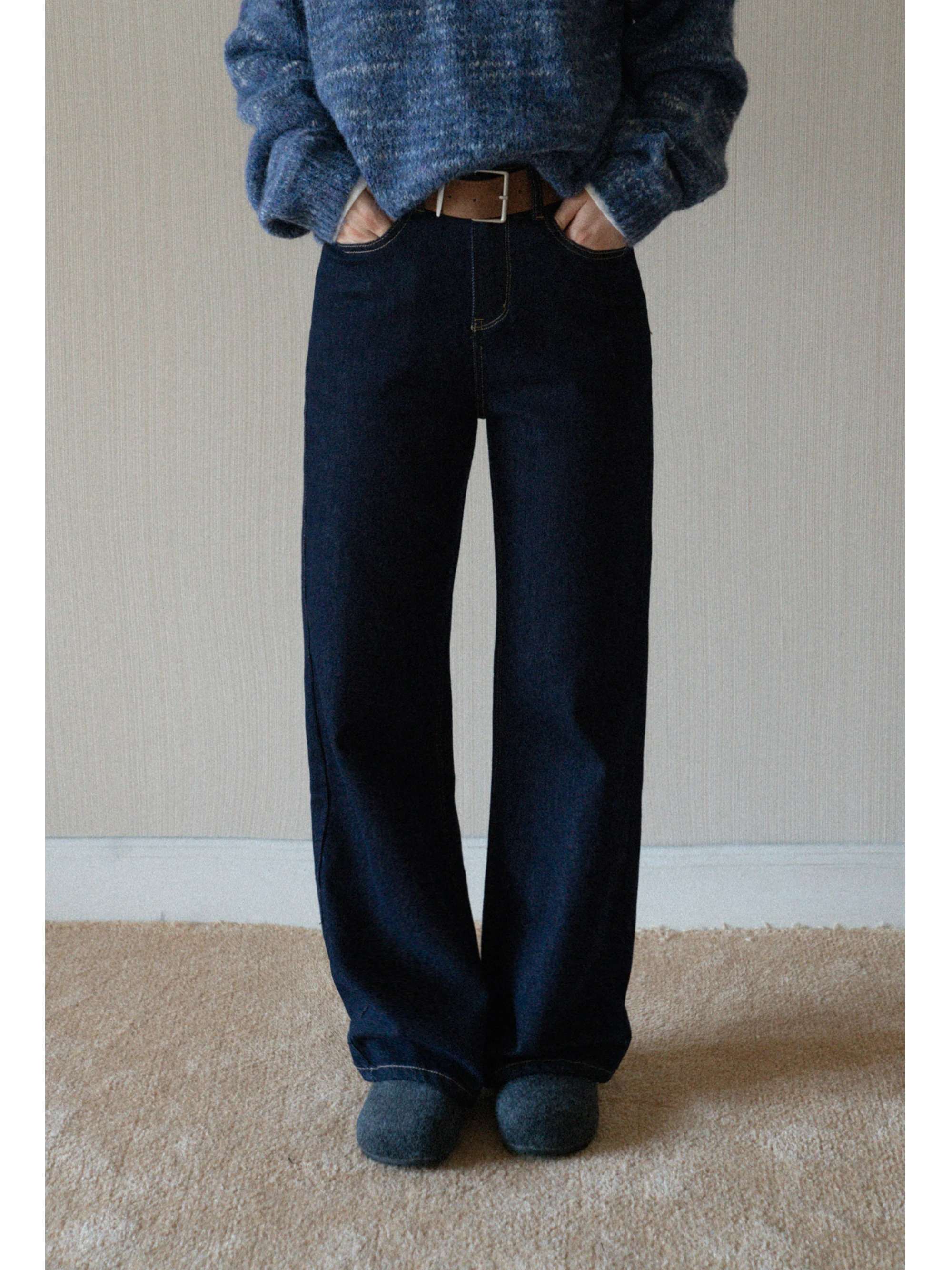 

Темно-синие прямые повседневные джинсы, женские утягивающие джинсы с высокой талией, свободные широкие брюки, осенний сезон, высококачественная полиэфирная ткань