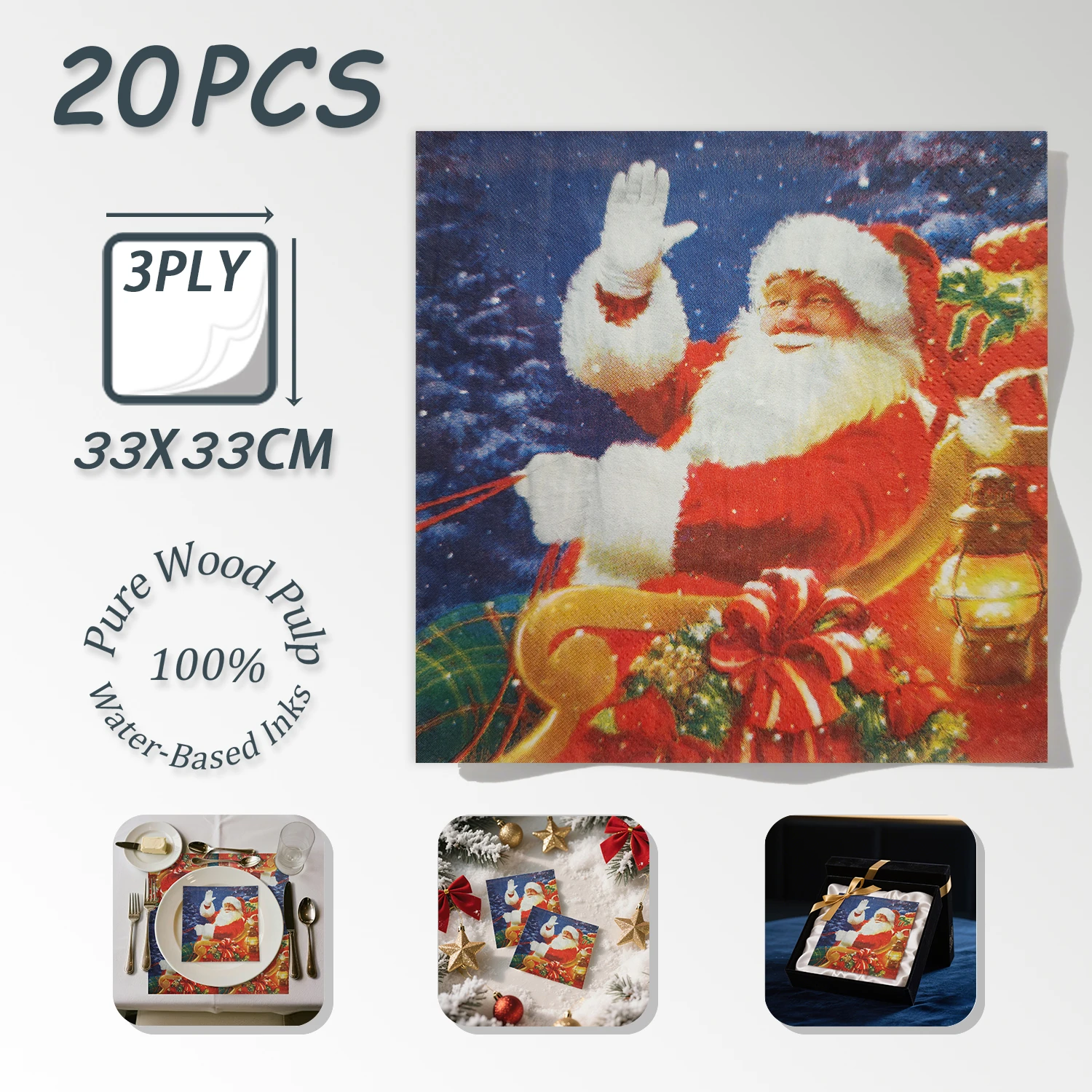 20 Stück winkender Weihnachtsmann auf goldenem Schlitten mit Stechpalmen-bedruckten Papierservietten, 33 x 33 cm, 3-lagiges Einweg-Partypapier für Dekorationen