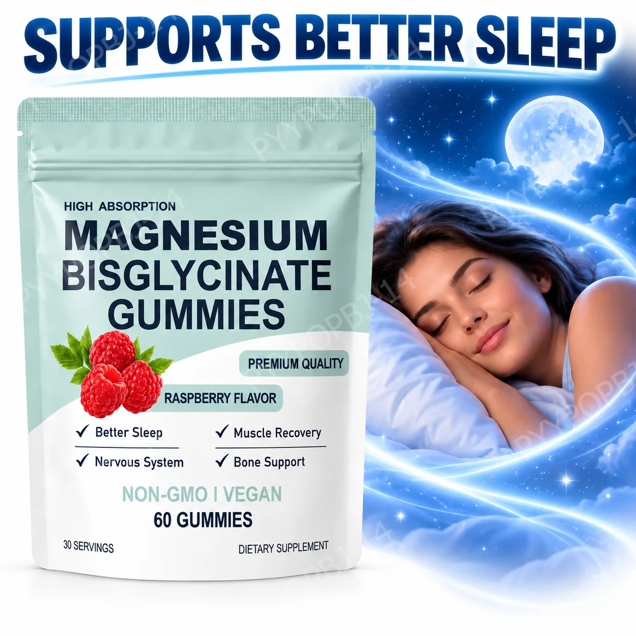 Magnesium Bisglycinate Gummies,Support Sleep Quality,Nervous Wellness,Bone & Muscle Maintenance,Raspberry Flavor Vegan 60 Count