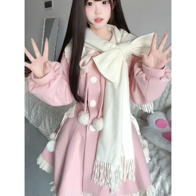 Japanese Kawaii Cute Woolen Coat Women Sweet Ruffles Peter Pan Collar Slim Cotton Bow Scarf Jacket Female Winter Parkas Coats