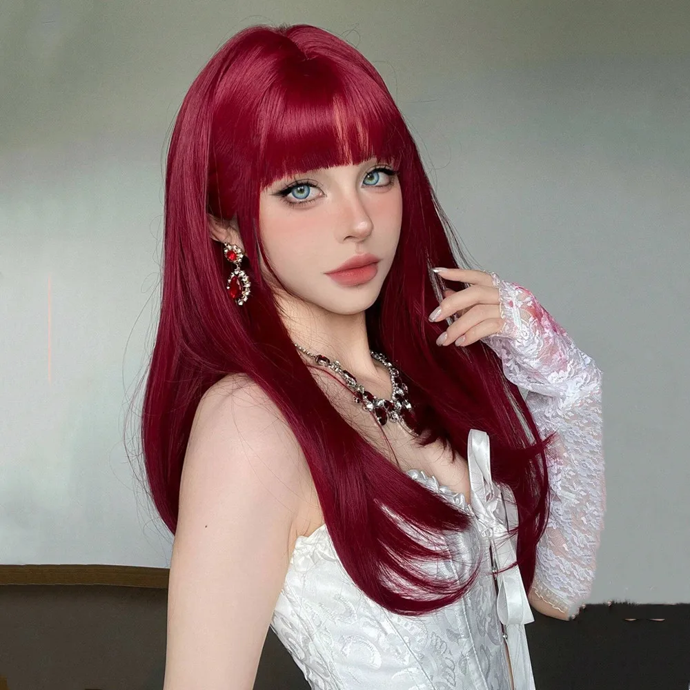 HENRY MARGU Red Straight Synthetic Wigs with Bangs Long Straight Smooth Fake Hair Heat Resistant Party Cosplay Wig Soft Natural