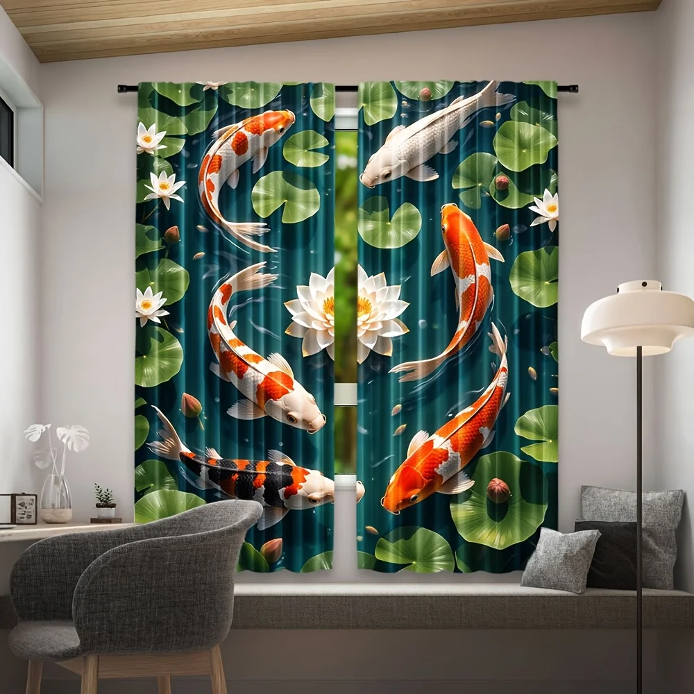 Koi Lotus Pond Curtain 2Panels,Vibrant Orange Carp Water Lily Green Leaf Dark Teal Water Background Print,Drapes Bedroom Curtain