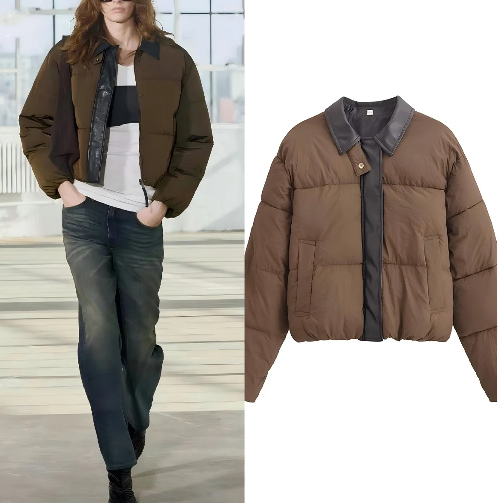 

Women's winter fashion warm short Faux Leather patchwork cotton Coat retro long sleeved zipper women's Coat chic top