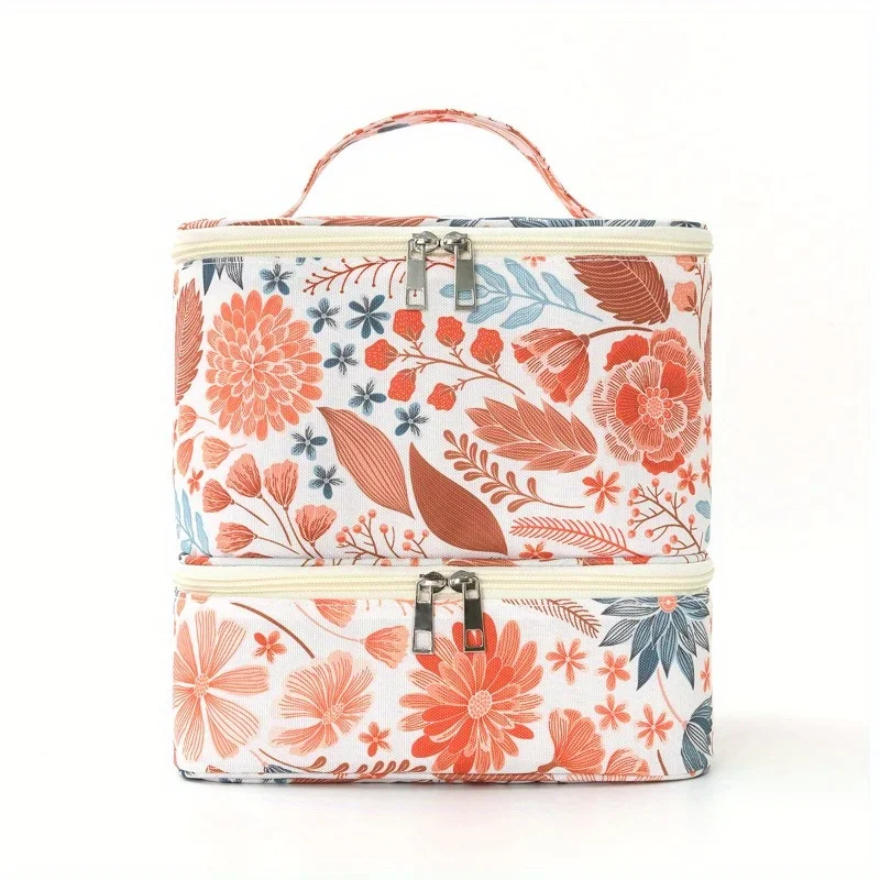 Floral Cosmetic Bag Large Capacity Double Layer Toilet Bag Fashion Nail Polish Storage Travel Organizer