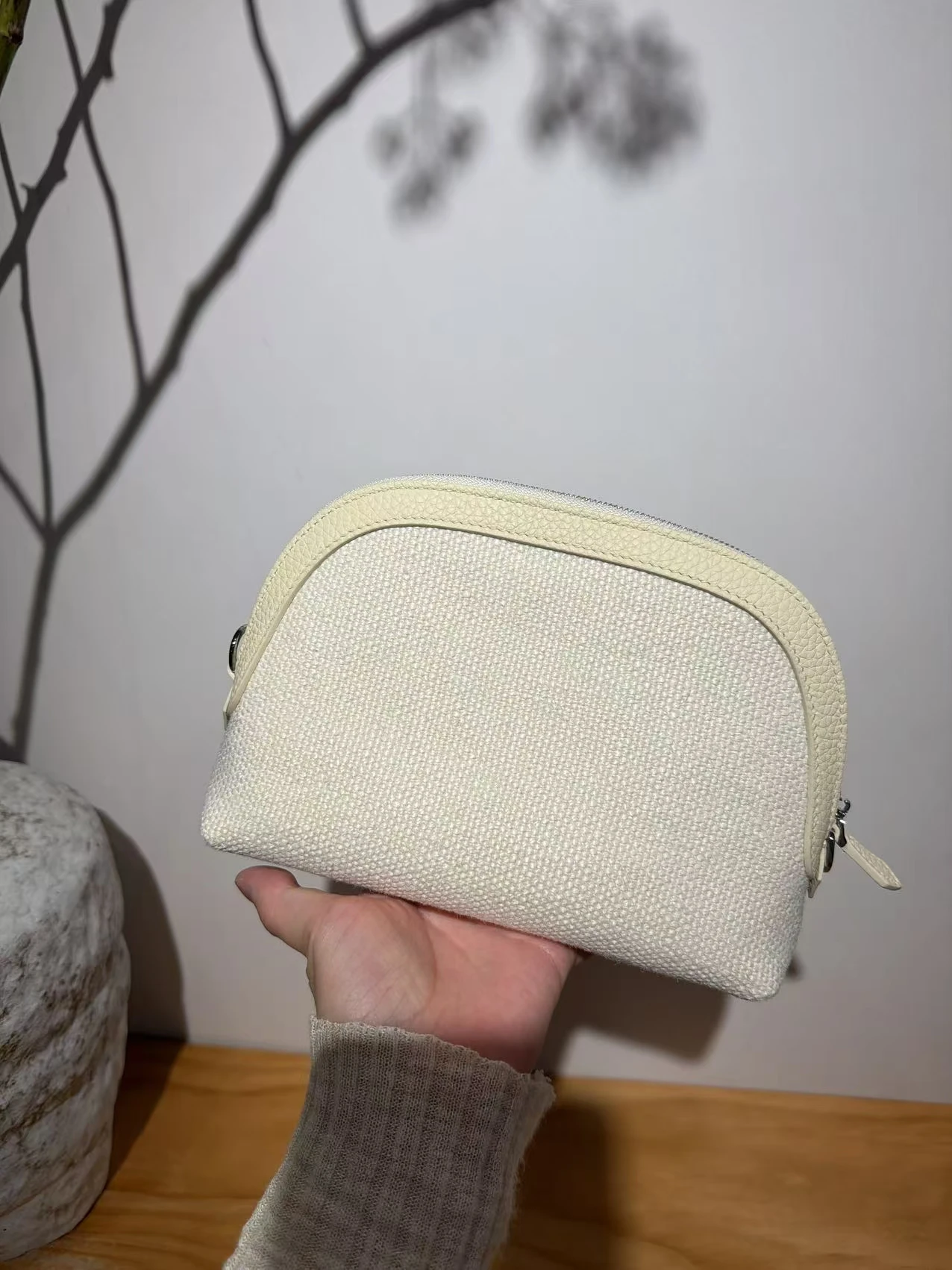 Echtes Leder Canvas Schulter-Crossbody-Tasche, tragbare Kosmetiktasche mit Kette, Damen-Clutch, Make-up-Tasche, Toilettentasche – Detail 5