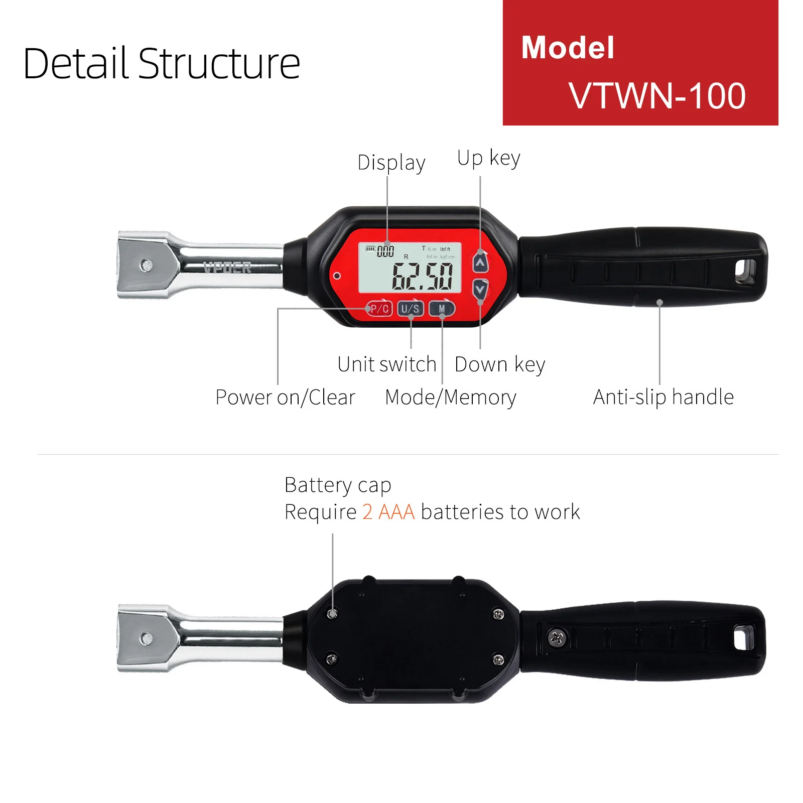 VTWN-100 3-100Nm Interchangeable Head Digital Torque Wrench Ended Head Torque Wrench with Buzzer & LED, Calibrated