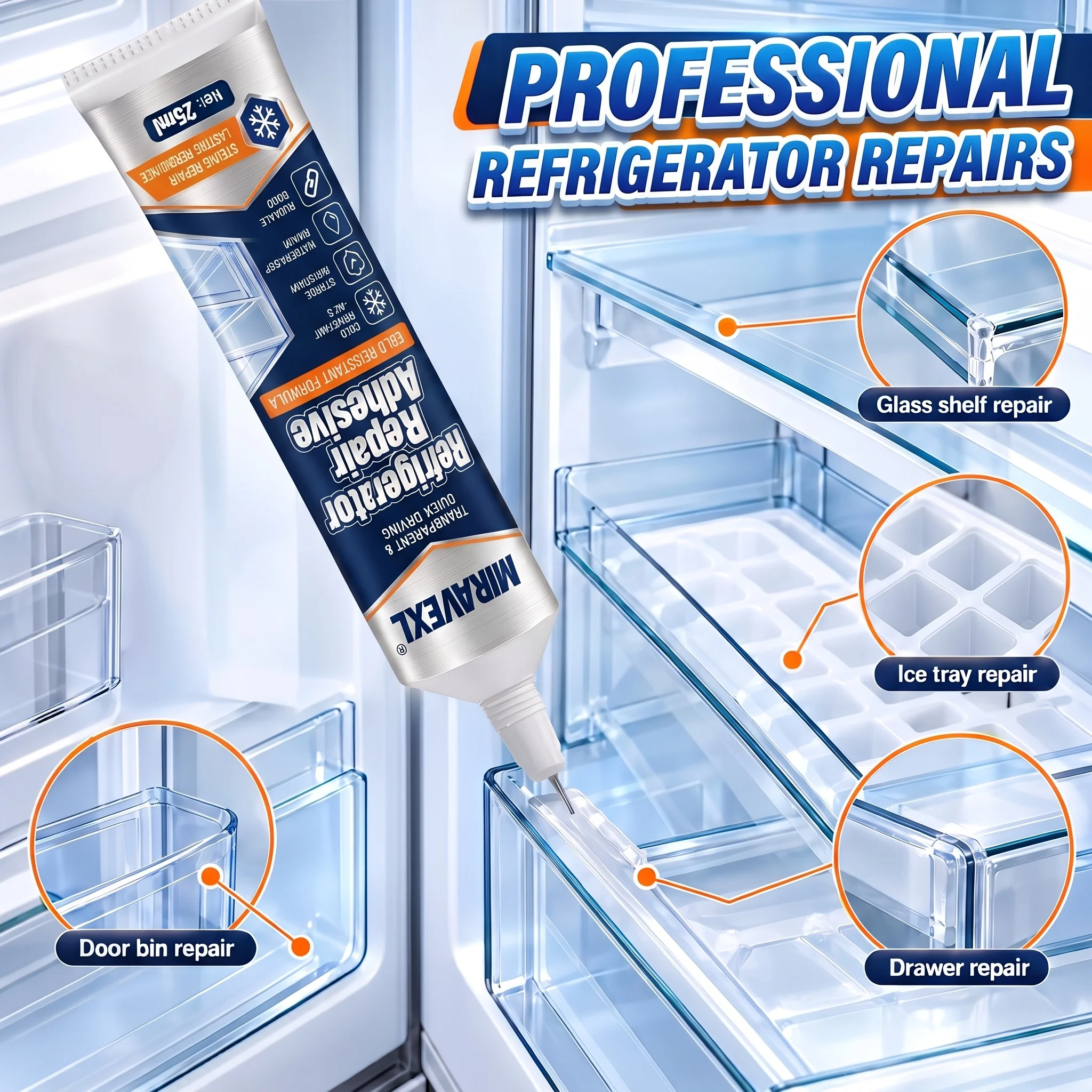 25ML Refrigerator Repair Glue Cold Resistant Waterproof Adhesive for Fridge Drawer Door Seal Quick Drying for Plastic Glass
