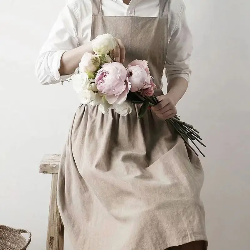 Nordic Simple Florist Apron Cotton Linen Gardening Coffee Shops Kitchen Aprons For Cooking Baking Restaurant Apron Pinafore