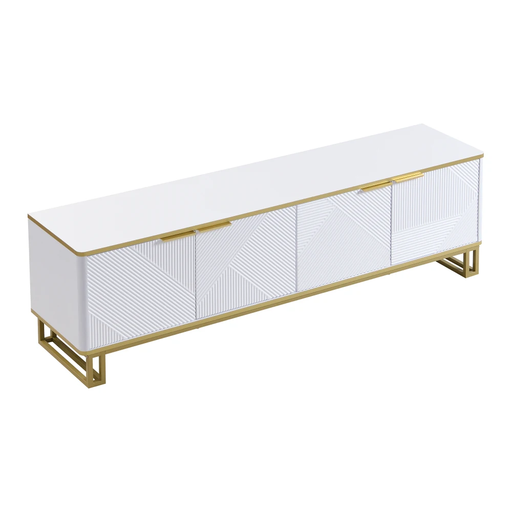 TV-Schrank mit geometrischer Textur, vier Türen, niedriger TV-Ständer, Panel-TV-Ständer, 160 x 37,5 x 48 cm, einzigartiges Design, Entertainment-Center PINGGO