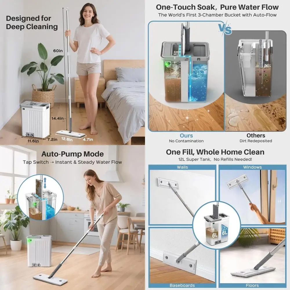 

Auto-Pump 3-Zone Mop & Bucket Set with Wheels, Reusable Pads, and One-Touch Water Fill for Floor Cleaning