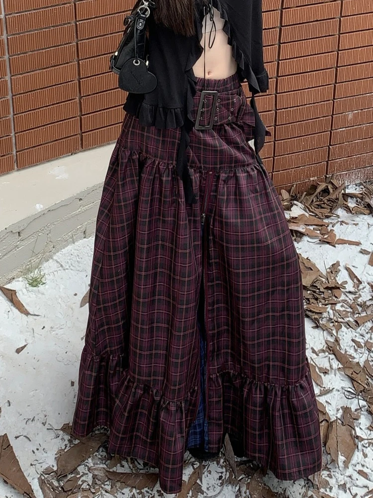 Summer Women Gothic Harajuku Plaid Maxi Skirt Japanese Y2k 2000s Dark Academia Vintage Design Grunge Cyber Punk Goblin Core Chic