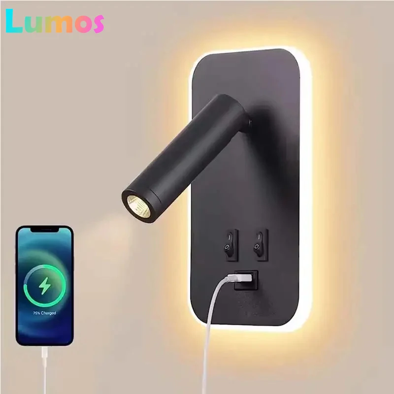 

PD LED Mounted Reading Light With Switch And USB Port Rotatable Bedside Lamp Wall Sconce Spotlight For Bedroom