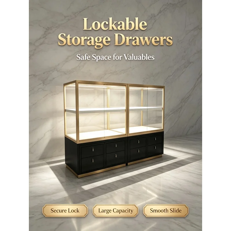 custom.Custom Modern Heavy Duty Waterproof Stainless Steel LED Lighting Jewelry Display Cabinet with Drawer Base Retail