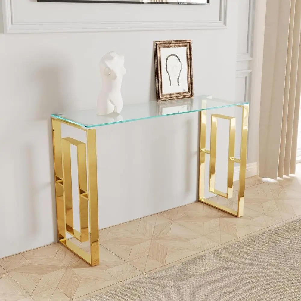

47.2 Modern Glass Entryway Table with Stainless Steel Base, Gold Metal Frame for Hallway or Living Room
