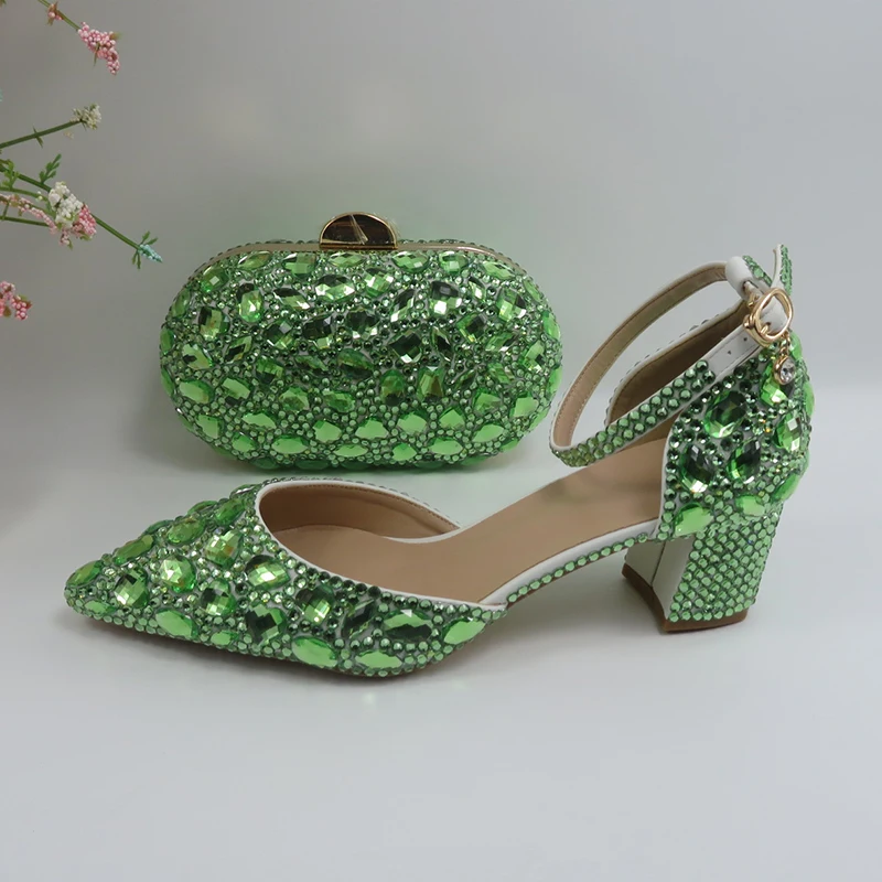 BaoYaFang Light Green Crystal Sandals Women\'s wedding shoes with matching bag Bride Pointed toe Thick Heel Buckle Sandals woman