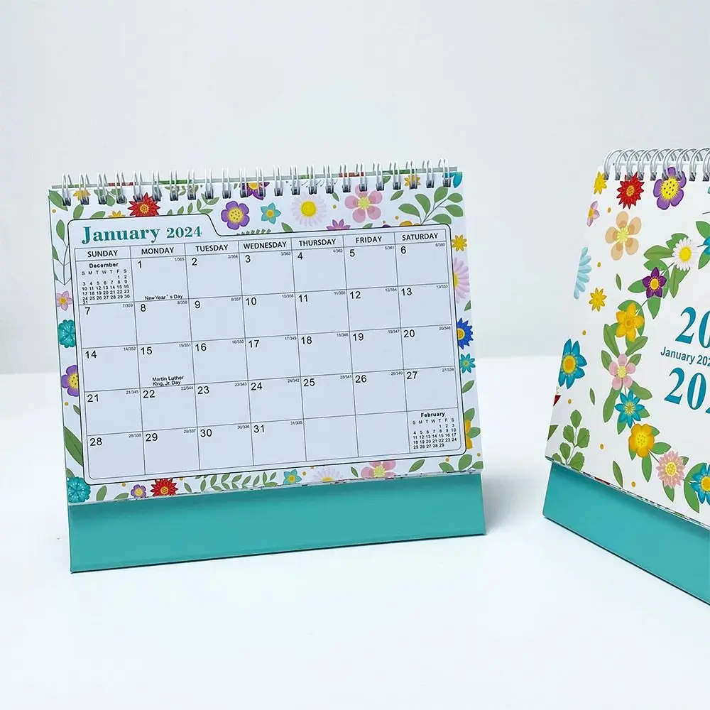 Portable January 2024-June 2025 Desk Calendar Daily Monthly English 2024 Calendar Flower Cactus Pattern Table Planner School