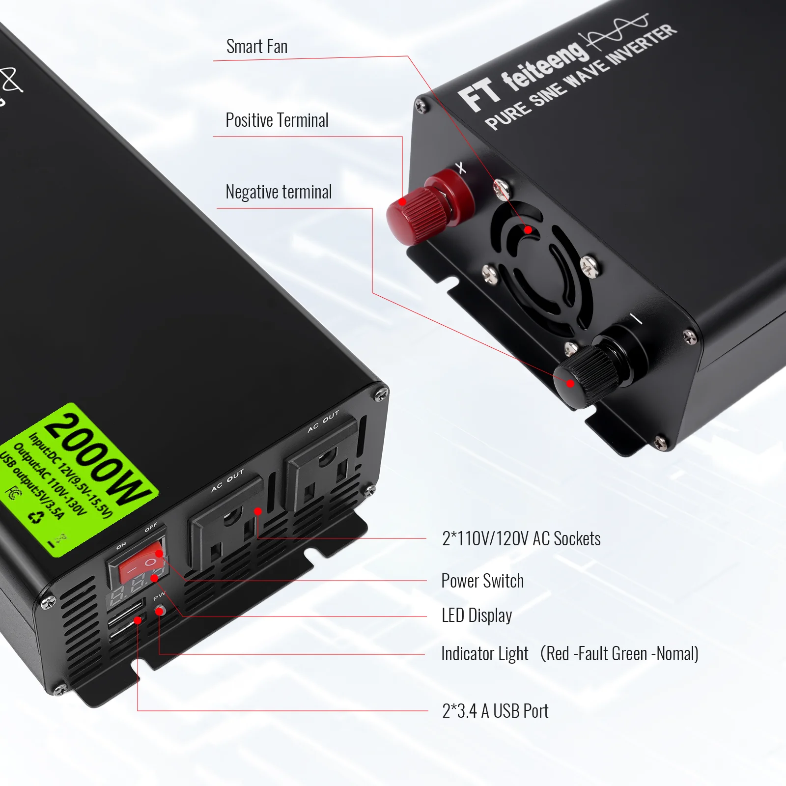 FT feiteeng 2000 واط/1500 واط/1000 واط محول طاقة موجة جيبية نقية 12 فولت إلى 110 فولت مع قابس أمريكي - للمركبات الترفيهية والتخييم والنسخ المنزلي #3