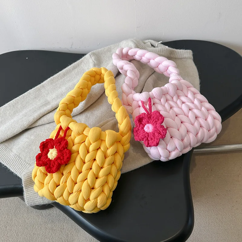 Finished Dopamine Flower Crewel Sweet Style Handmade Knitted Bucket Bag