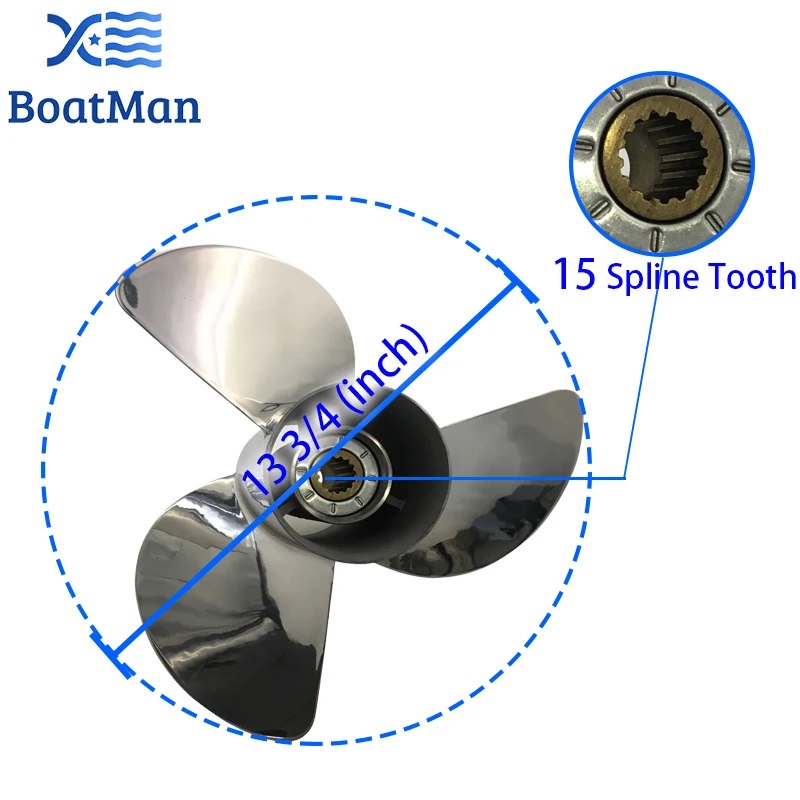 Boatman Boat Propeller 13 3/4x13 For Honda Outboard Engines BF75HP BF 115 3 Blades Stainless Steel 15 Spline Tooth 58133-ZW1-A15