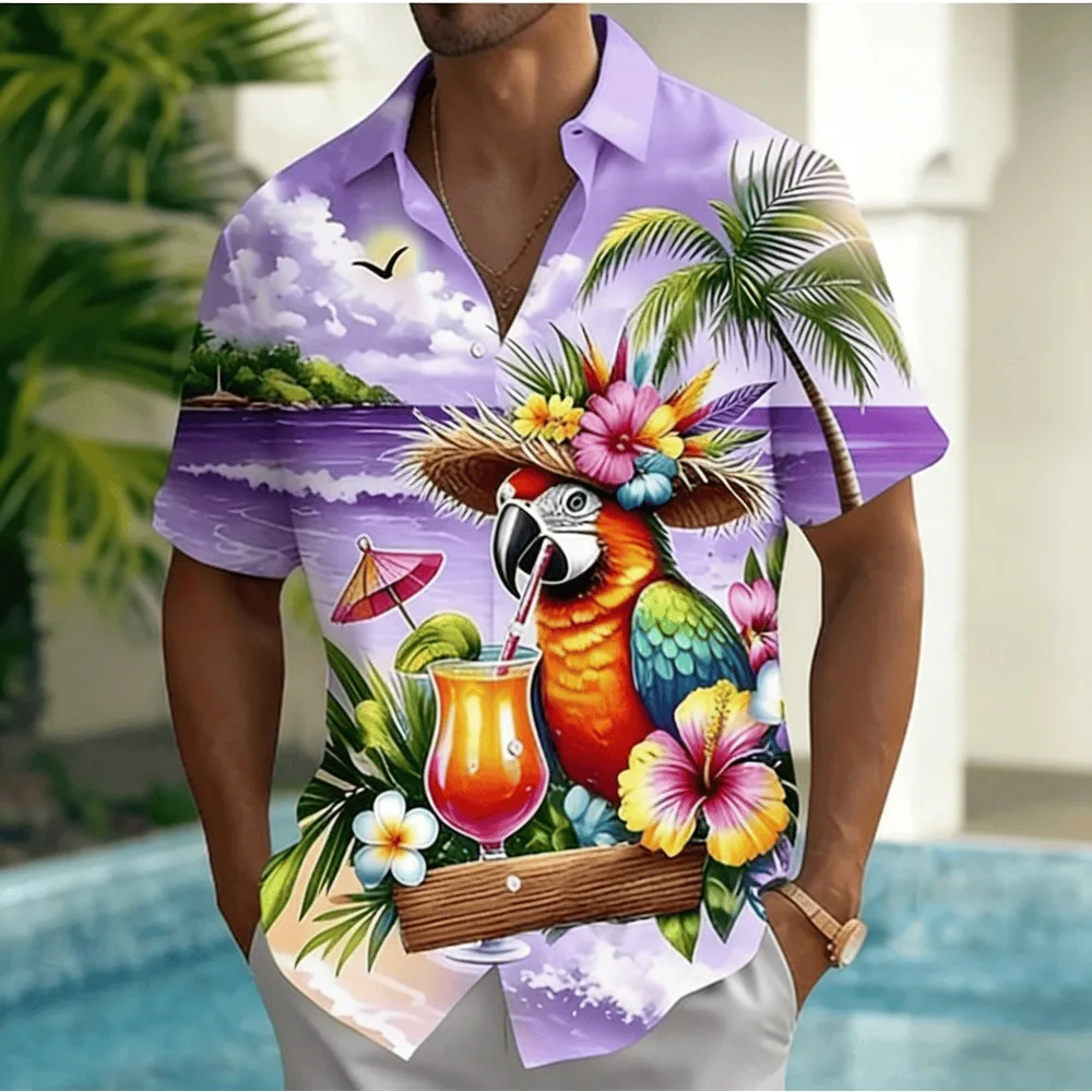 Men Hawaiian Shirt, Tropical Parrot With Cocktail Drink Island Beach Scenery Print Short Sleeve Lapel Button Down Casual Beach