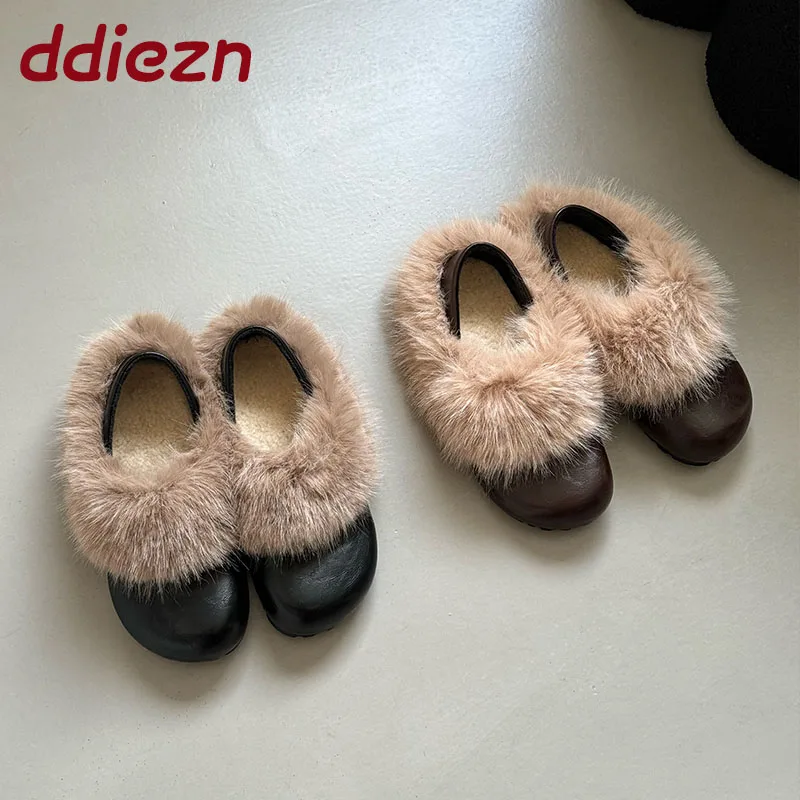

2026 Женская дизайнерская пушистая женская зимняя обувь на плоской подошве, домашние и уличные теплые шлепанцы, модные женские туфли на плоской подошве с круглым носком и меховой обувью