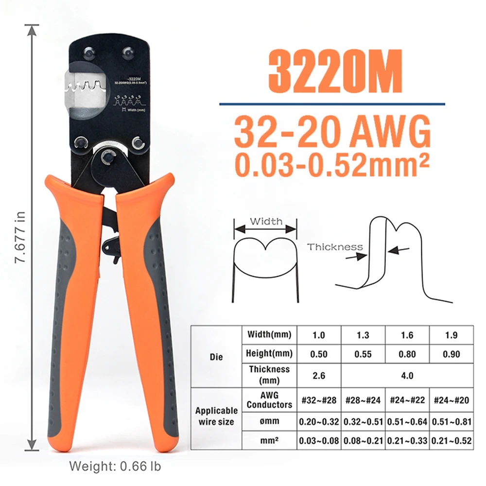 3220M Ratchet Crimping Plier Hand Crimper Tools for Narrow-Pitch Connector Pins Crimp Range 0.03-0.5mm² (AWG: 32-20)