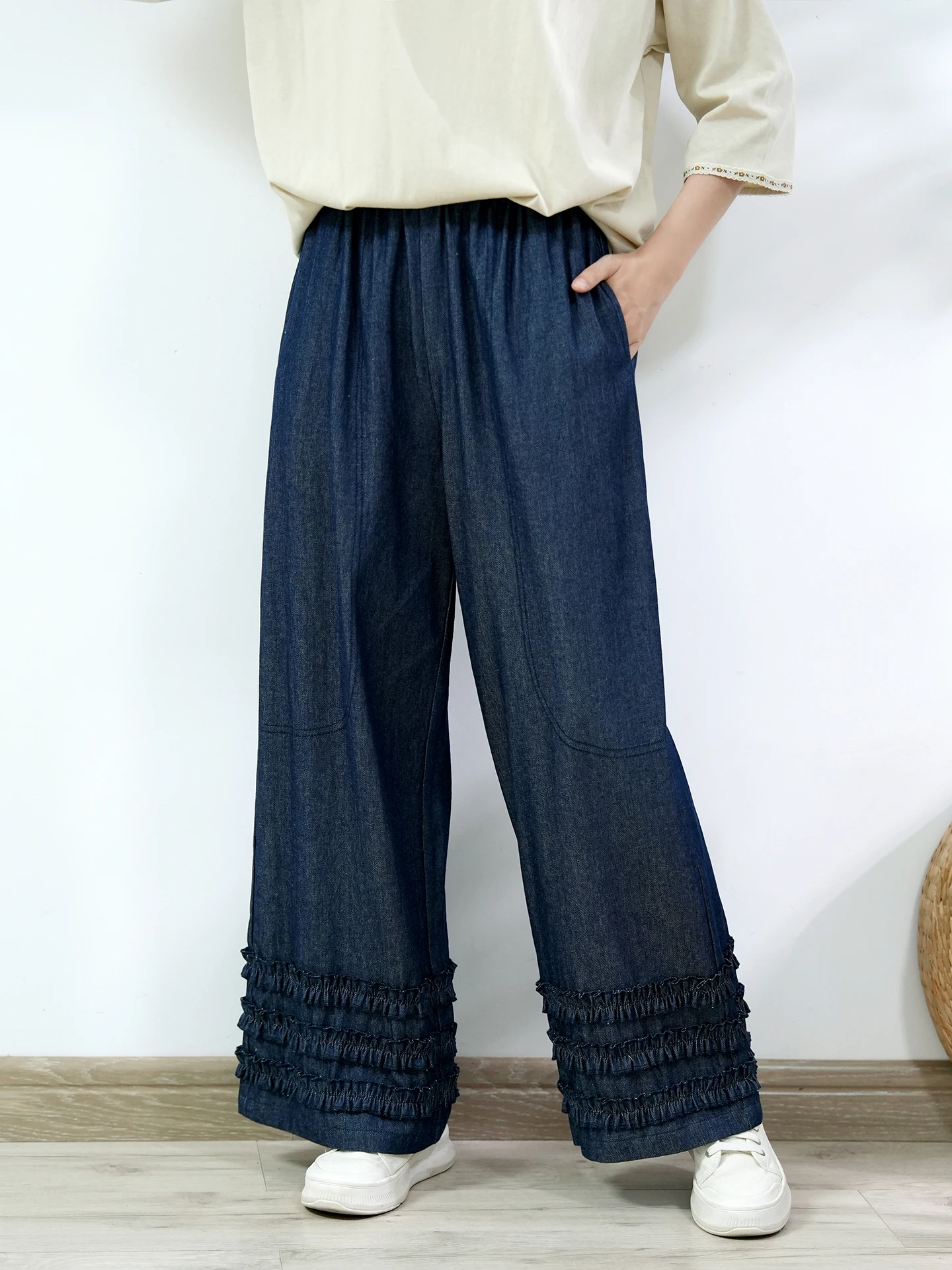 TIYIHAILEY-ワイドレッグロングデニムパンツ、女性用、秋夏カジュアルジーンズ、ポケット付き、レディースパンツ、ウエストゴム、2025