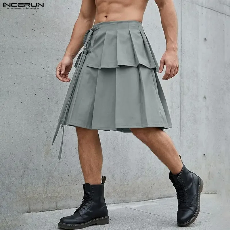 INCERUN Herrenröcke, plissiert, einfarbig, mit Schnürung, lässige Herren-Unterteile, Streetwear, Sommer, Persönlichkeit, 2026, modische Röcke für Herren