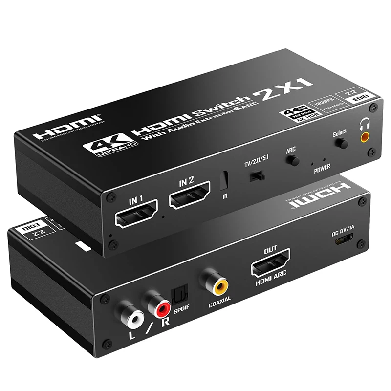 4K HDMI Switcher 2 in 1 out Audio Extractor HDMI ARC Audio Switch 2x1 Selector with R/L+Toslink SPDIF+COAXIAL Audio out Adapter