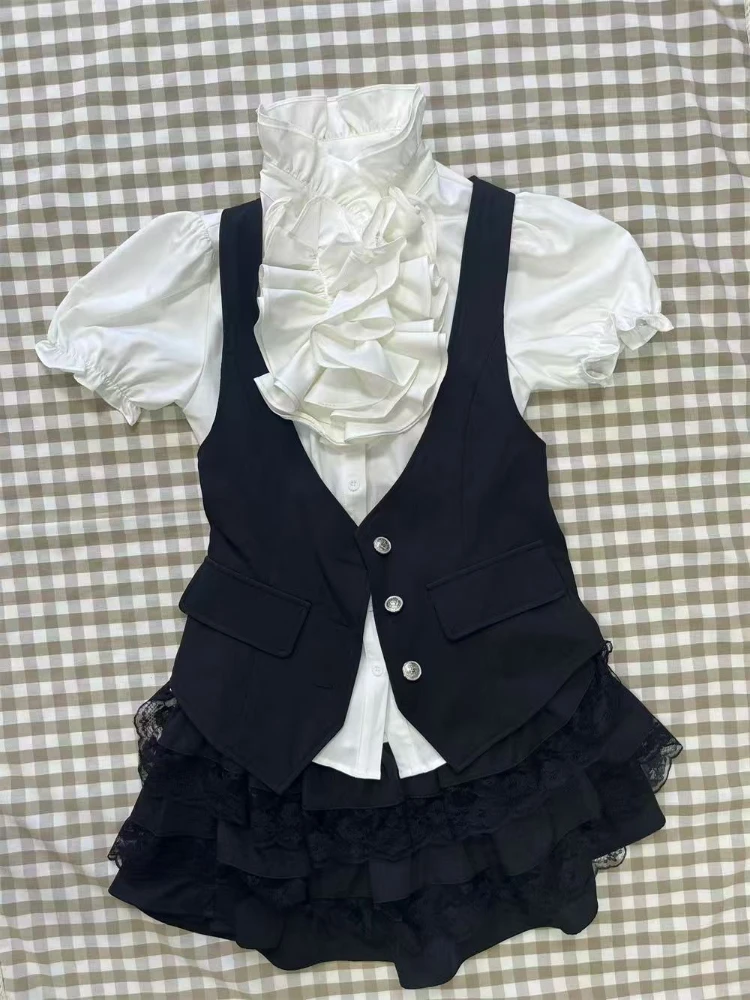 

Harajuku Gothic Retro Chic Outfit Women Bubble Sleeve Shirt + Slim Vest + Short Cake Skirt New Vintage Fashion 3 Piece Suit 2025