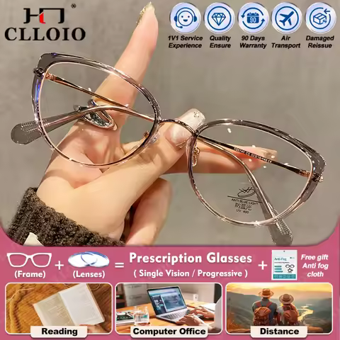 CLLOIO Women Simple Cat Eye Myopia Prescription Computer Glasses Blue Light Filter Progressive Photochromic Optical Eyeglasses