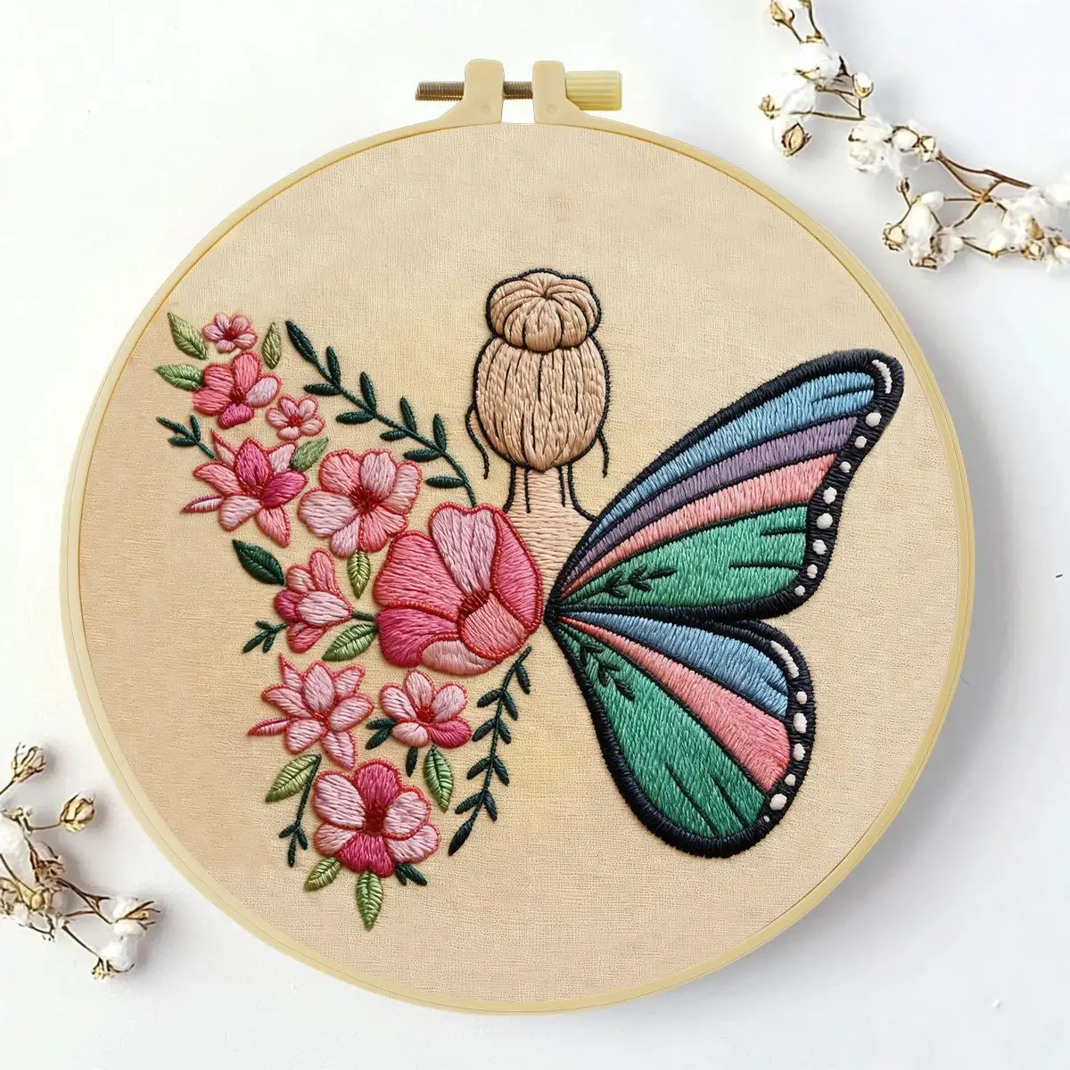 1 Stück 20X20CM/15X15CM 7,87/6,3 Zoll Schmetterlingsmädchen Stickerei Starter-Kit DIY-Kit DIY-Stickerei-Set Handarbeiten Heimdekoration – Detail 2