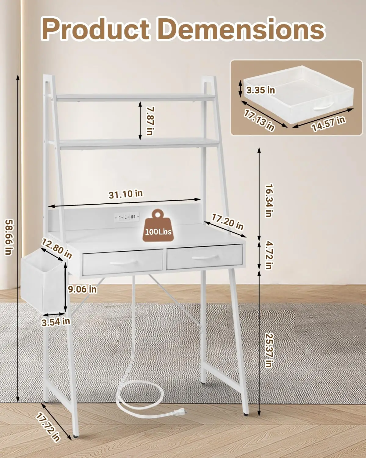 Ladder Desk with Power Outlets, 2 Fabric Drawers & Side Bag, Home Office Computer Gaming Vanity Desk, White, Customized