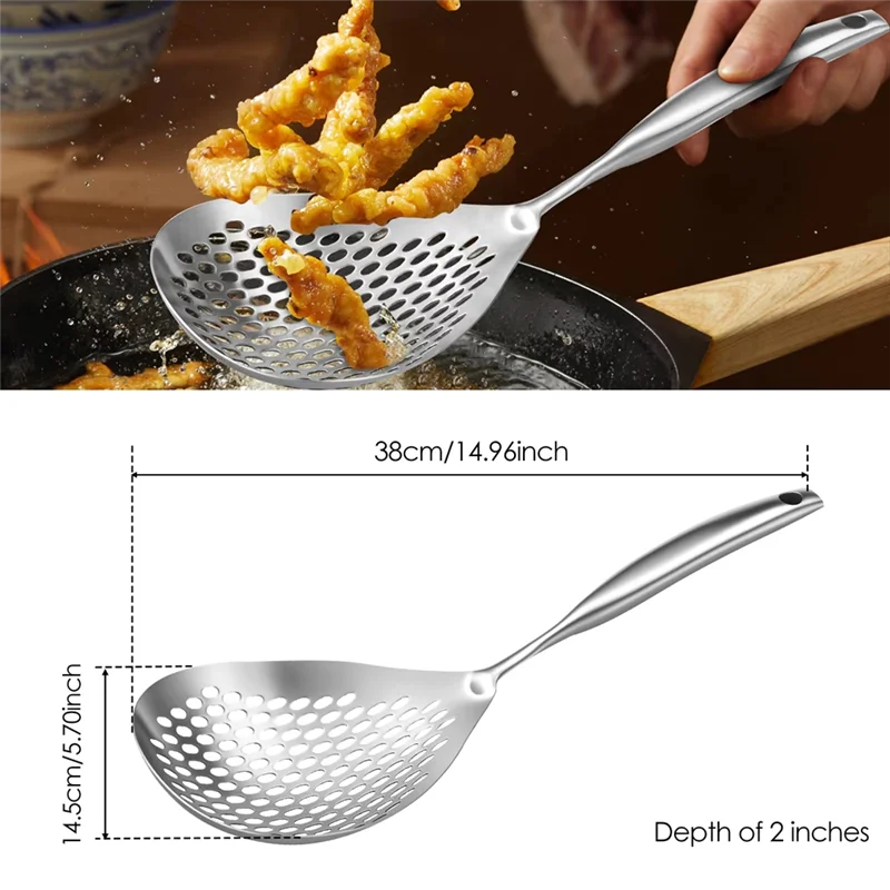 Cuchara ranurada, cuchara para espumadera de acero inoxidable 304 con mango largo, cucharón para espumadera eficiente, cuchara coladora multifuncional-[Qahk]