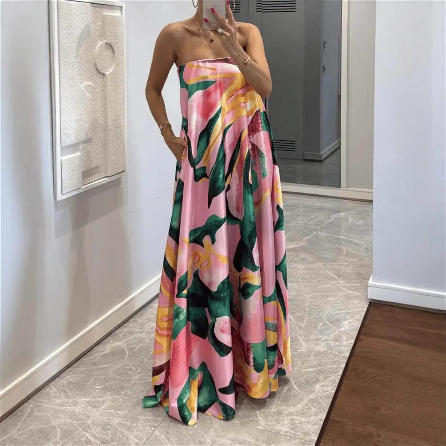 

Elegant Long Printed Wrap Chest Maxi Dress Vacation Style Cross-Border Women's Fashion Dress A-Line Skirt Loose Waist
