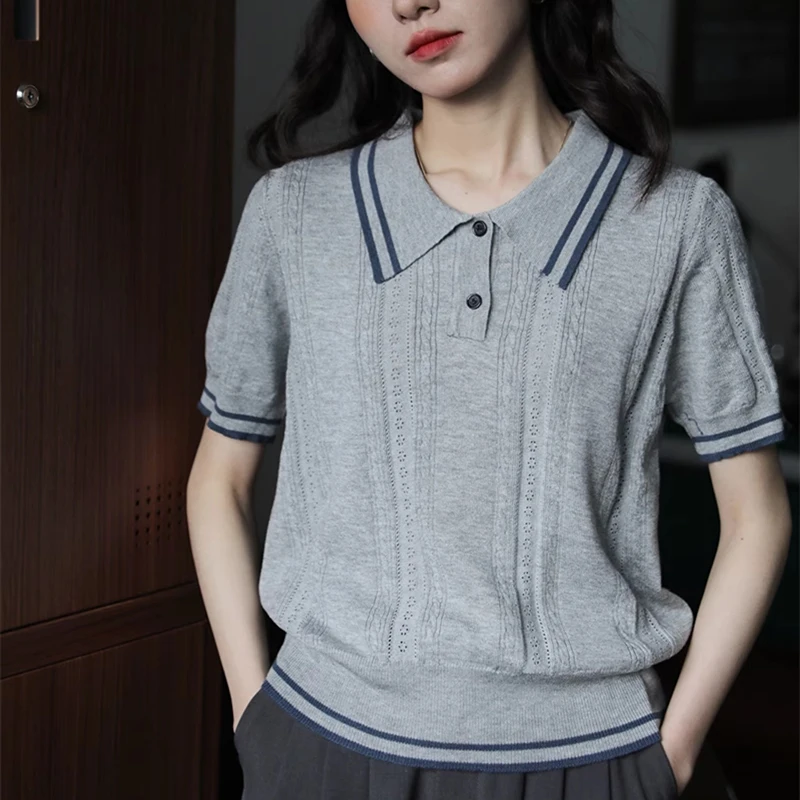 Korean Fashion Clothes Summer Women Button Turn-Down Collar Knitted T Shirt Short Sleeve Slim Tshirts Pullover Crop Tops Female
